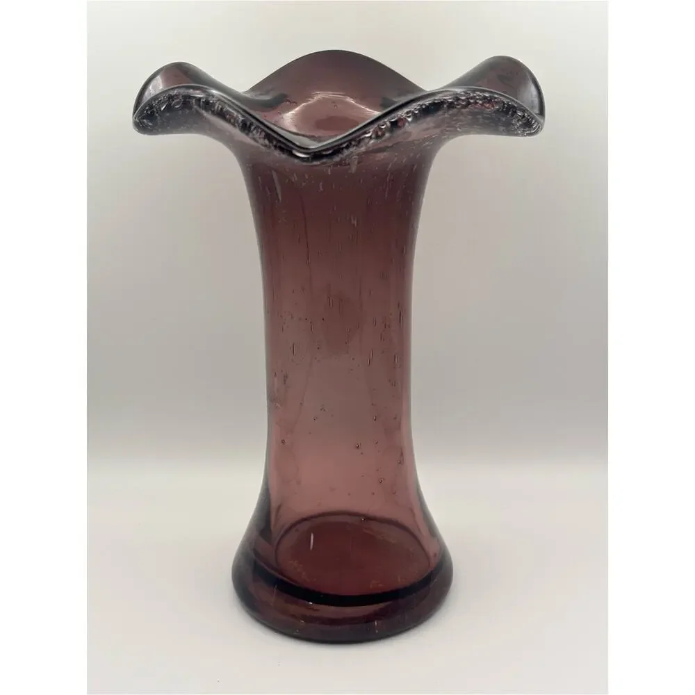Vintage Amethyst Purple Vase with Ruffled Top, Hand Blown Art Glass Flower Vase